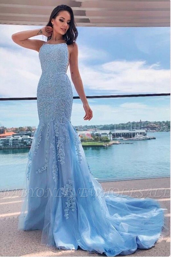 Spaghetti Straps Sky Blue Lace Tull Mermaid Party Gown Prom Wear Dress ...