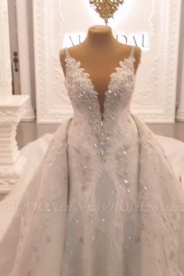 V-Ausschnitt Beads Sparkles Gems Brautkleid mit Überrock