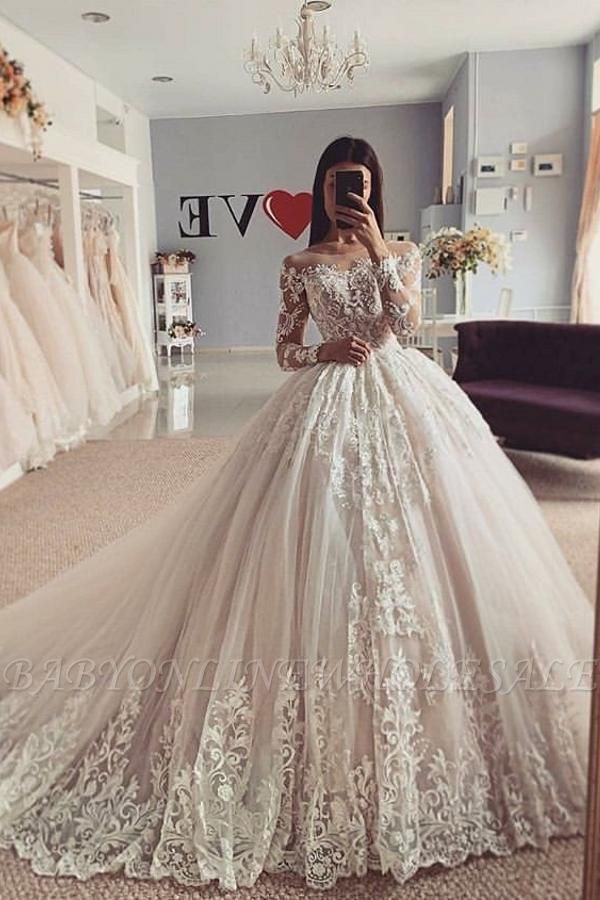 Precioso vestido de bola de manga larga con encaje floral vestido de novia de tul Aline
