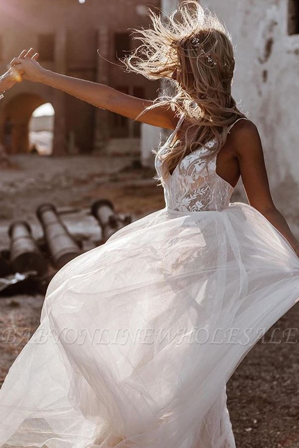 White Lace Tulle Summer Garden Wedding Dresses