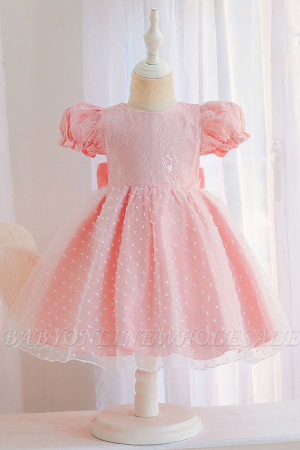 Bubble sleeves A-line hot pink cute flower girl dress