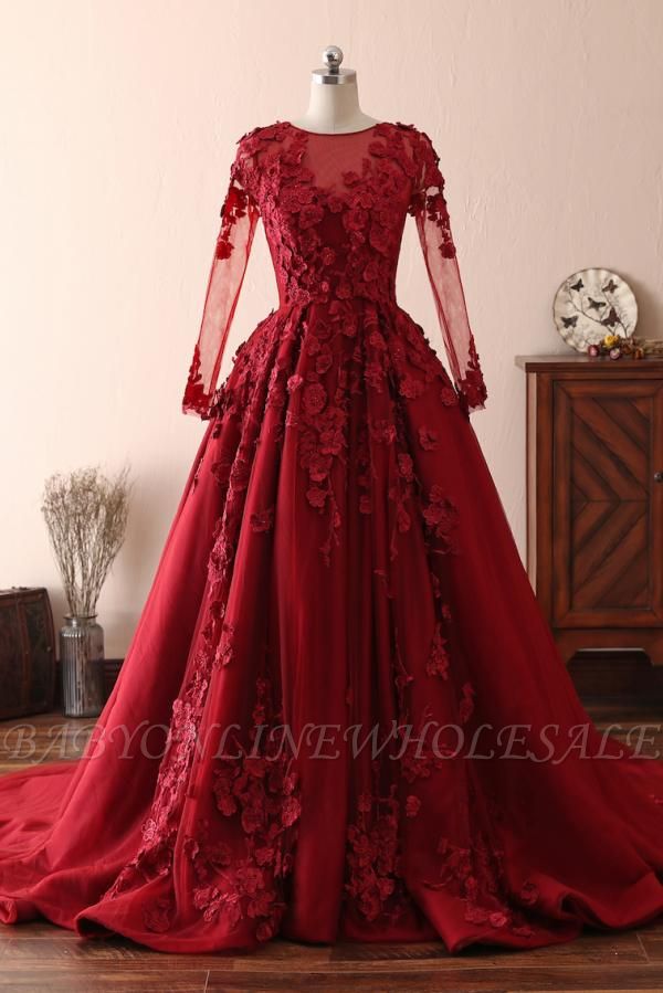 Impresionante vestido de fiesta de noche Aline con apliques florales rojos en 3D