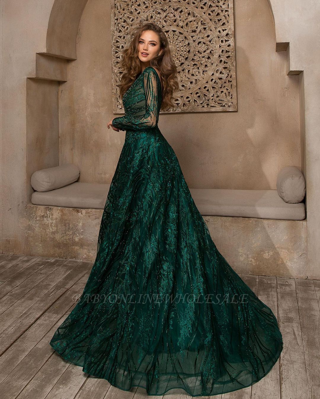 Long Sleeves Green Lace Prom Dresses With Beadings, Green Ball Gown, F –  Shiny Party