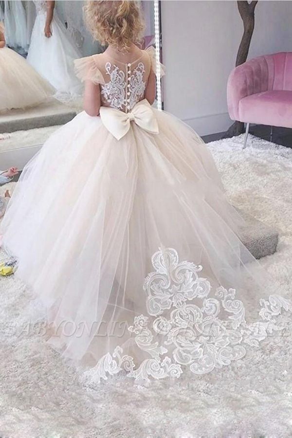 Belle robe de fille de fleur de dentelle de tulle sans manches robe d'enfants pour la fête de mariage avec des appliques