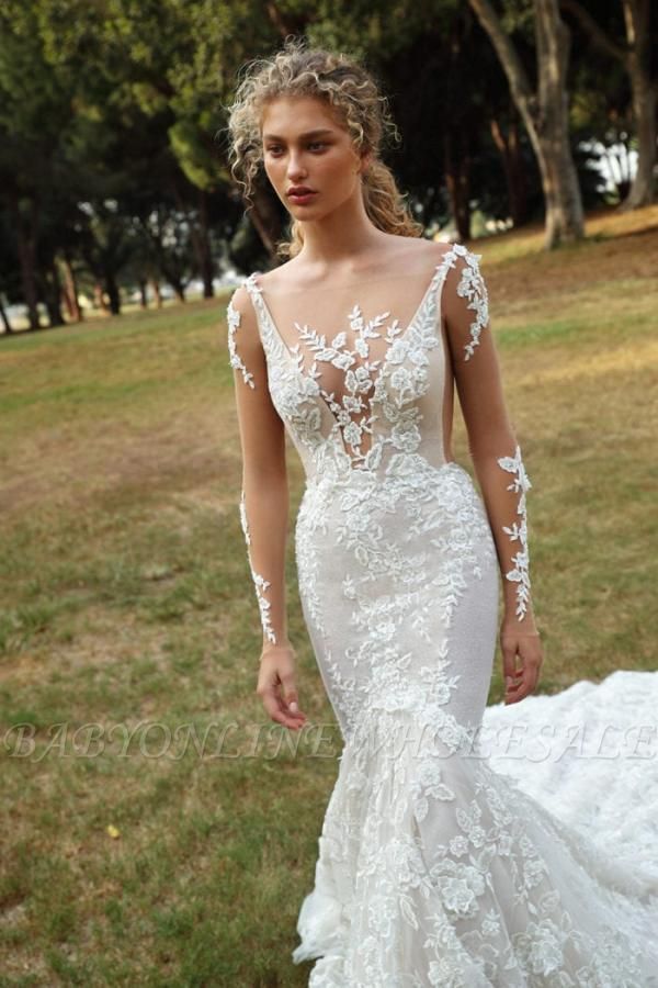 Vestido de noiva elegante branco floral de renda sereia de mangas compridas com decote em V