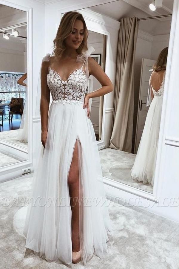 Elegante vestido de novia de gasa floral 3D sin mangas con abertura lateral