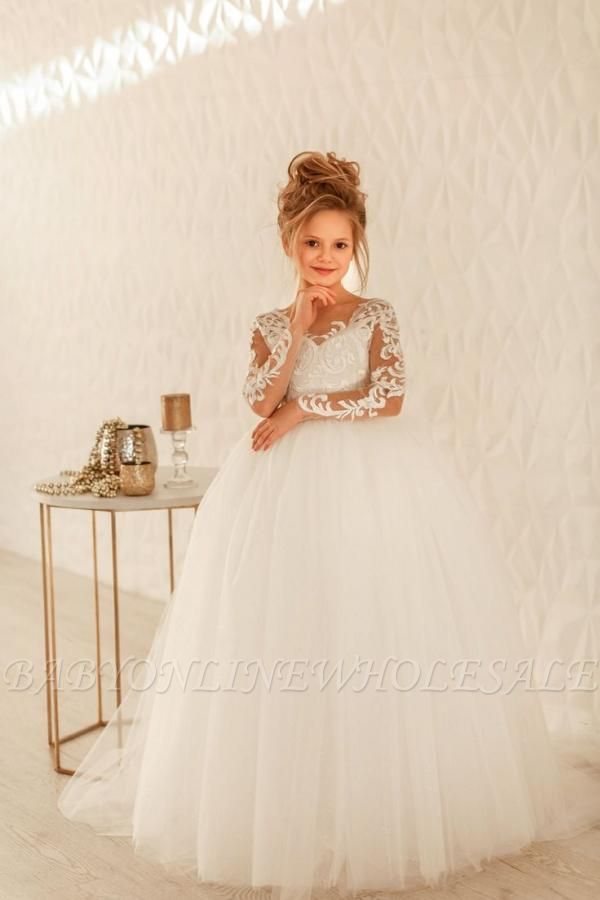 Romantische lange Ärmel weiße Tüll-Spitze-Applikationen Hochzeitsfest-Kleid für Mädchen