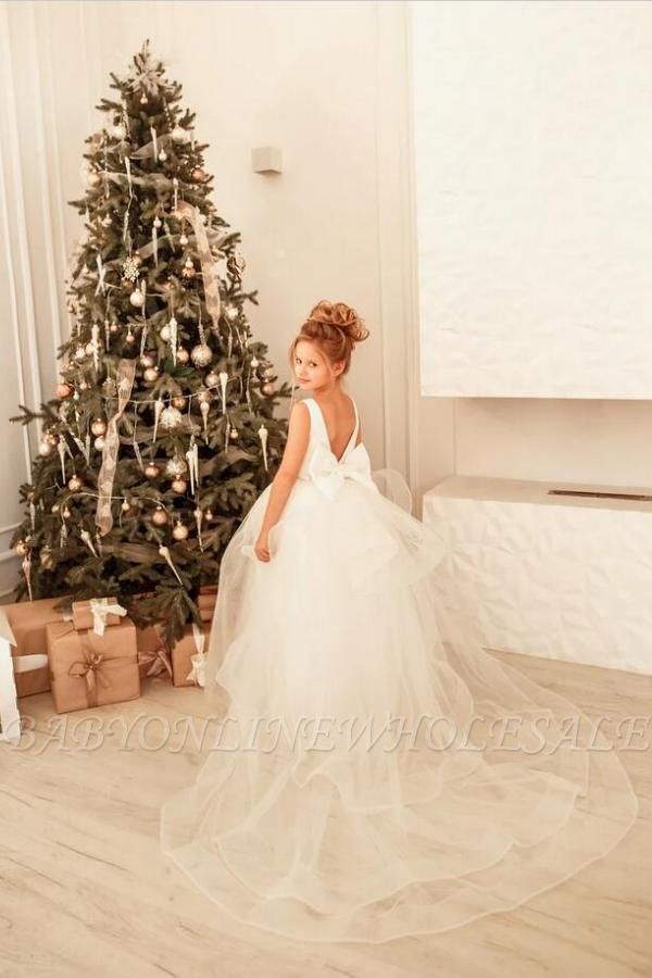 Jewel Neck Weiß Glitzer kleines Mädchen Kleid für Weihnachten Geburtstagsparty Ärmelloses Blumenmädchenkleid