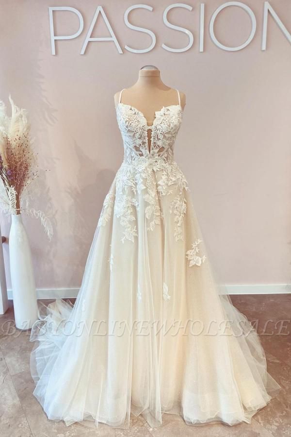 Correas espaguetis Apliques de encaje de tul floral blanco Vestido de novia Aline