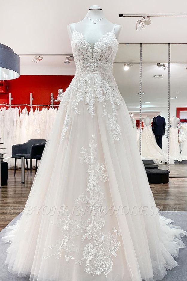 V-Neck Lace Wedding Dresses Sleeveless Aline Long Bridal Dress for Women