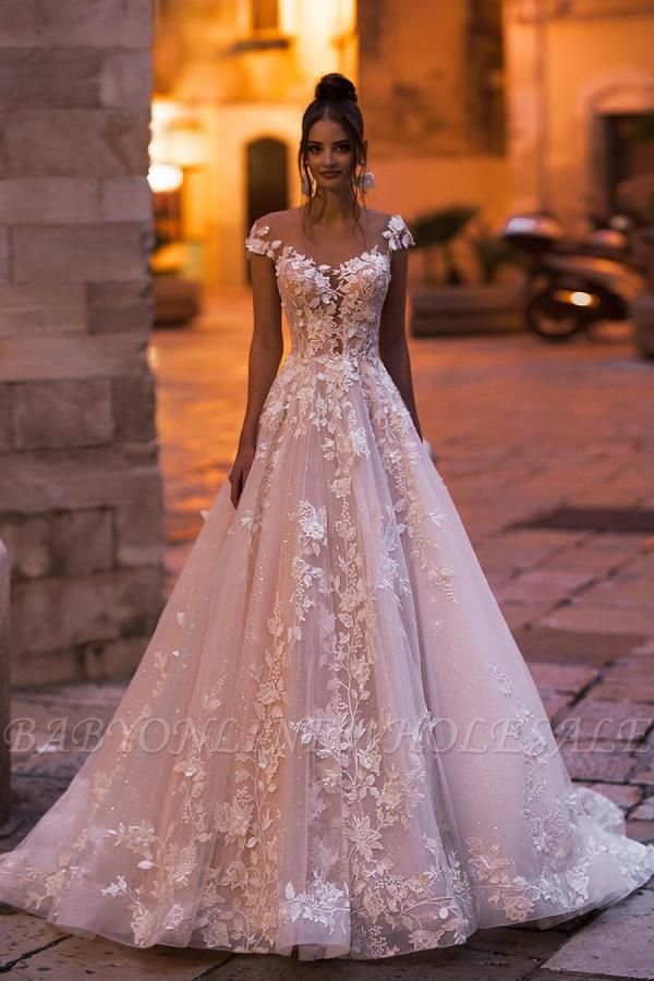 Vestido de noiva modesto Aline Mangas Boné Tule Floral Renda Até O Chão Vestido de Noiva