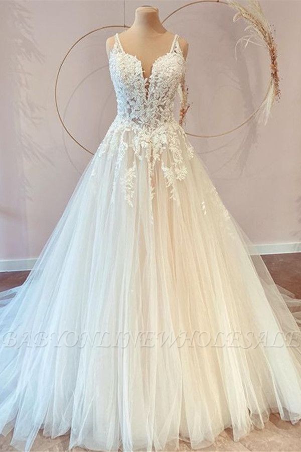 Элегантные свадебные платья с двойным V-образным вырезом без рукавов с тонкими лямками Garden Aline Bridal Dress