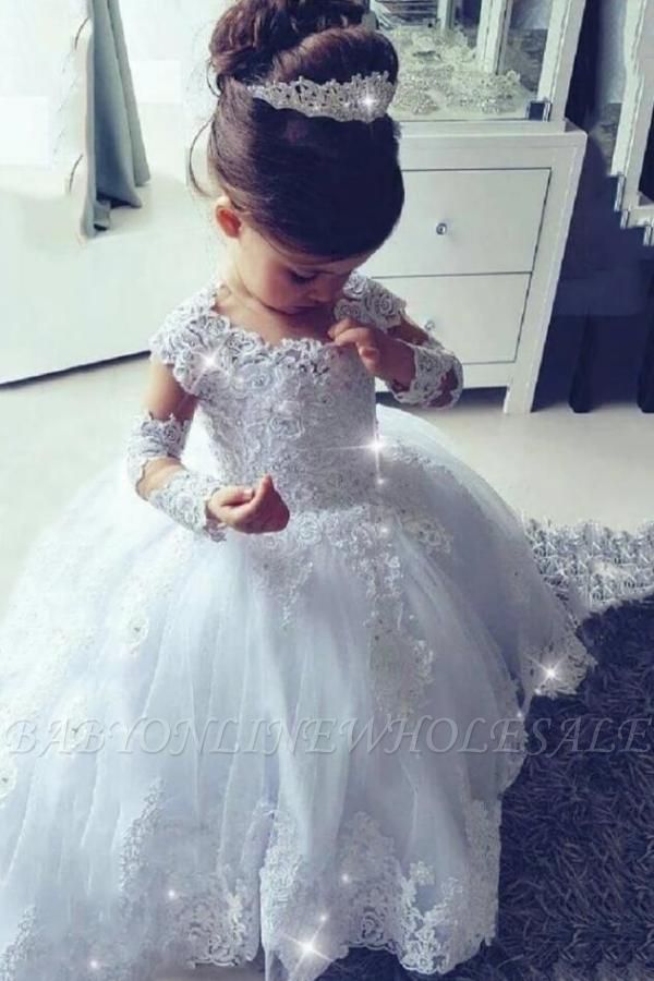Precioso vestido de niña de las flores blancas Listones de encaje floral Vestido de desfile para niños