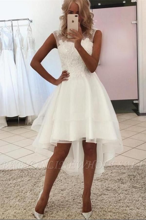 Modest Sleeveless White Lace Tulle Hi-Lo Wedding Dress
