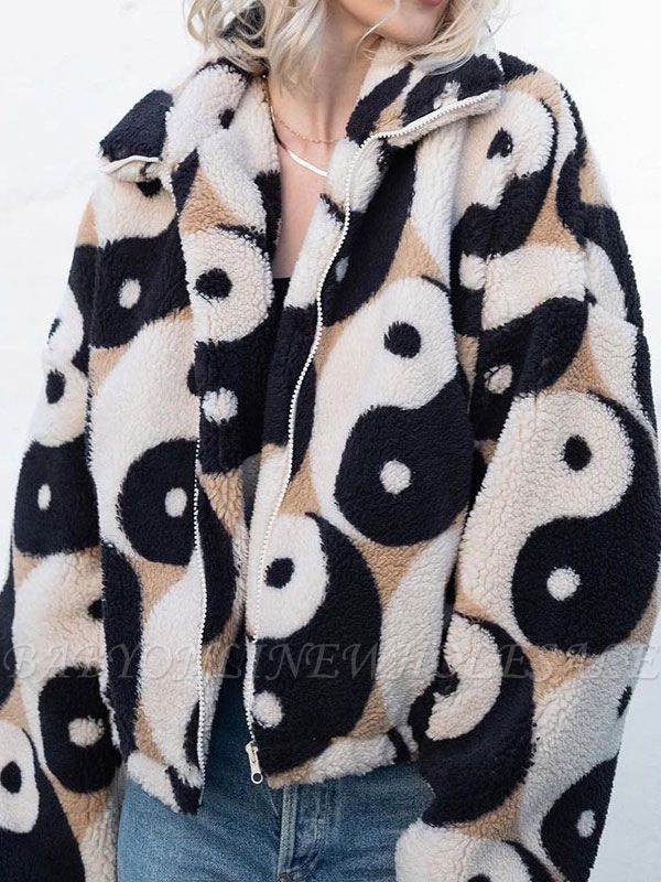 Faux Fur Coats For Women Long Sleeves Casual Printed Oversized Turndown Collar Black Winter Coat