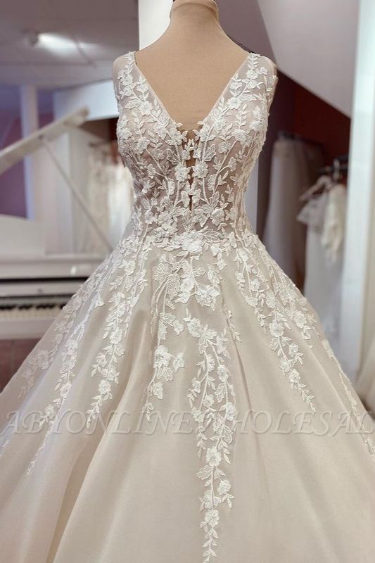 Hermoso vestido de novia de encaje floral Aline sin mangas vestido de novia largo