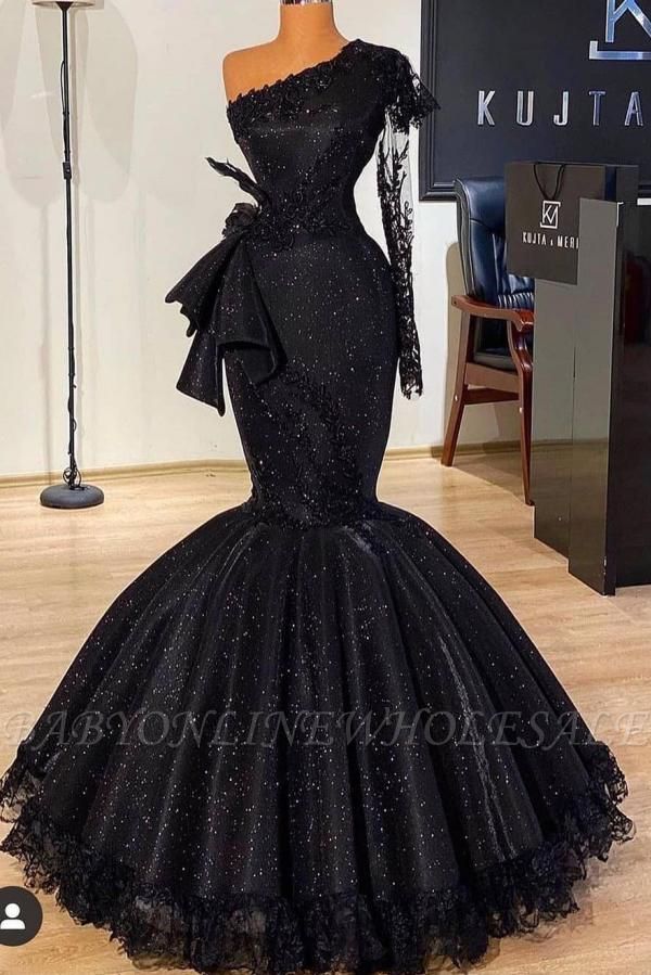 Deslumbrante vestido de formatura preto glitter sereia de mangas compridas com vestido de festa elegante de renda floral