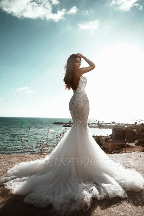 Stunning Sweetheart Beading Mermaid Wedding Gown Sleeveless Tulle ...