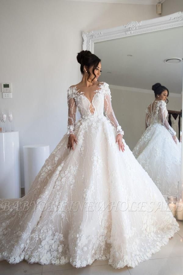 Lindo vestido de noiva de manga comprida floral macio de renda com decote em V
