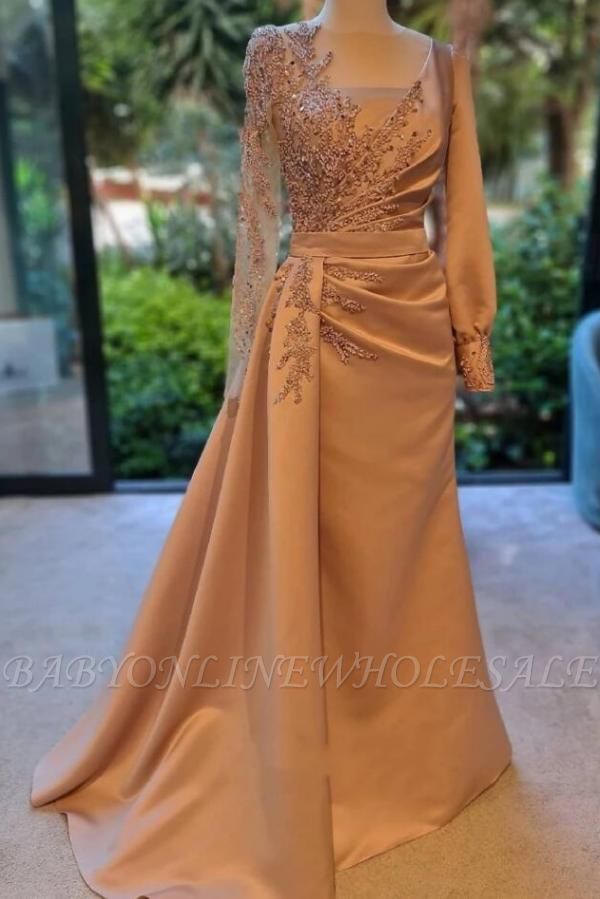 Elegant Long Sleeves Prom Dress Floral Satin Evening Party Dress with Side Sweep Train