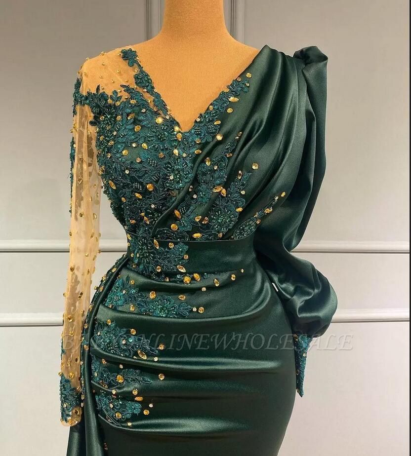 Elegante vestido de fiesta largo de jade con cuello en V Vestido largo de  noche con cuentas de satén de manga larga | Babyonlinewholesale