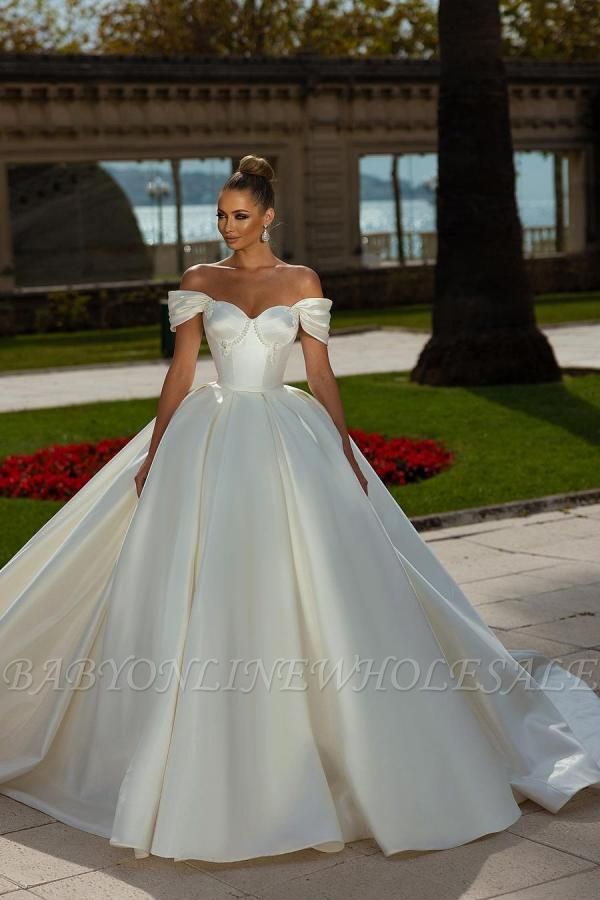 Off-the-Shoulder Sweetheart Ball Gown Satin Sleeveless Garden Bridal Dress