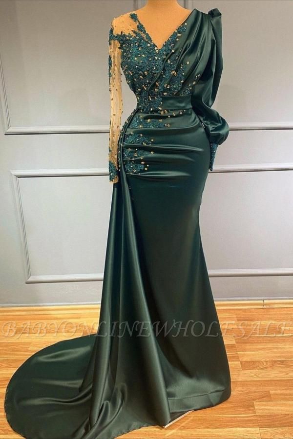 Stylish V-Neck Jade Long Prom Dress Long Sleeves Satin  Beads Evening Maxi Dress
