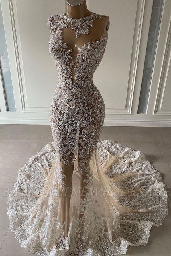 Glitter Floral Lace Floor-Length Beading Weddding Dress