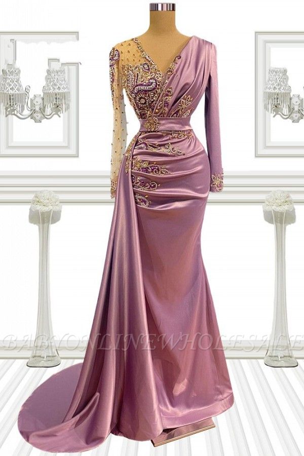 V neck Satin Long Sleeves Floor-Length Prom Dress