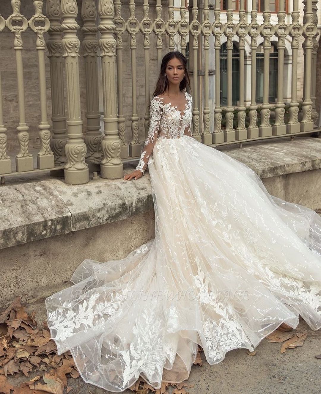 V neck Floral Lace Aline Long Sleeves Floor-Length Wedding Dress ...