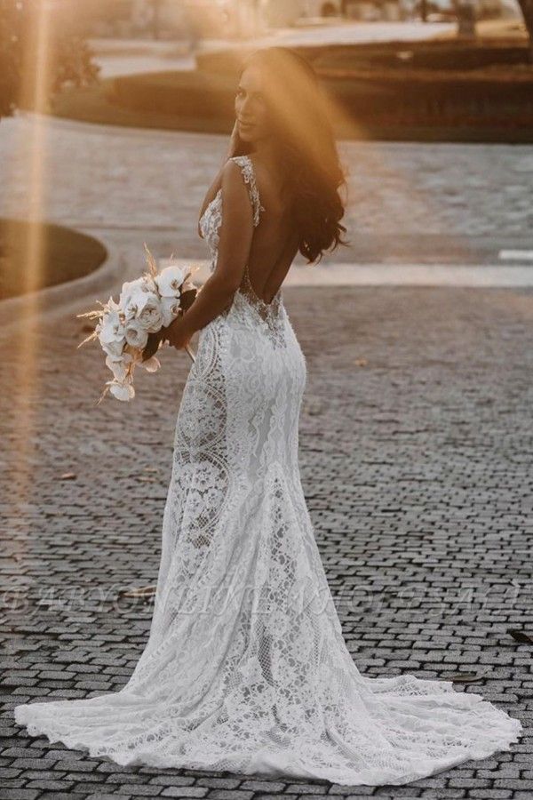Backless Floral Lace Deep V neck Beading Floor-Length Wedding Dress