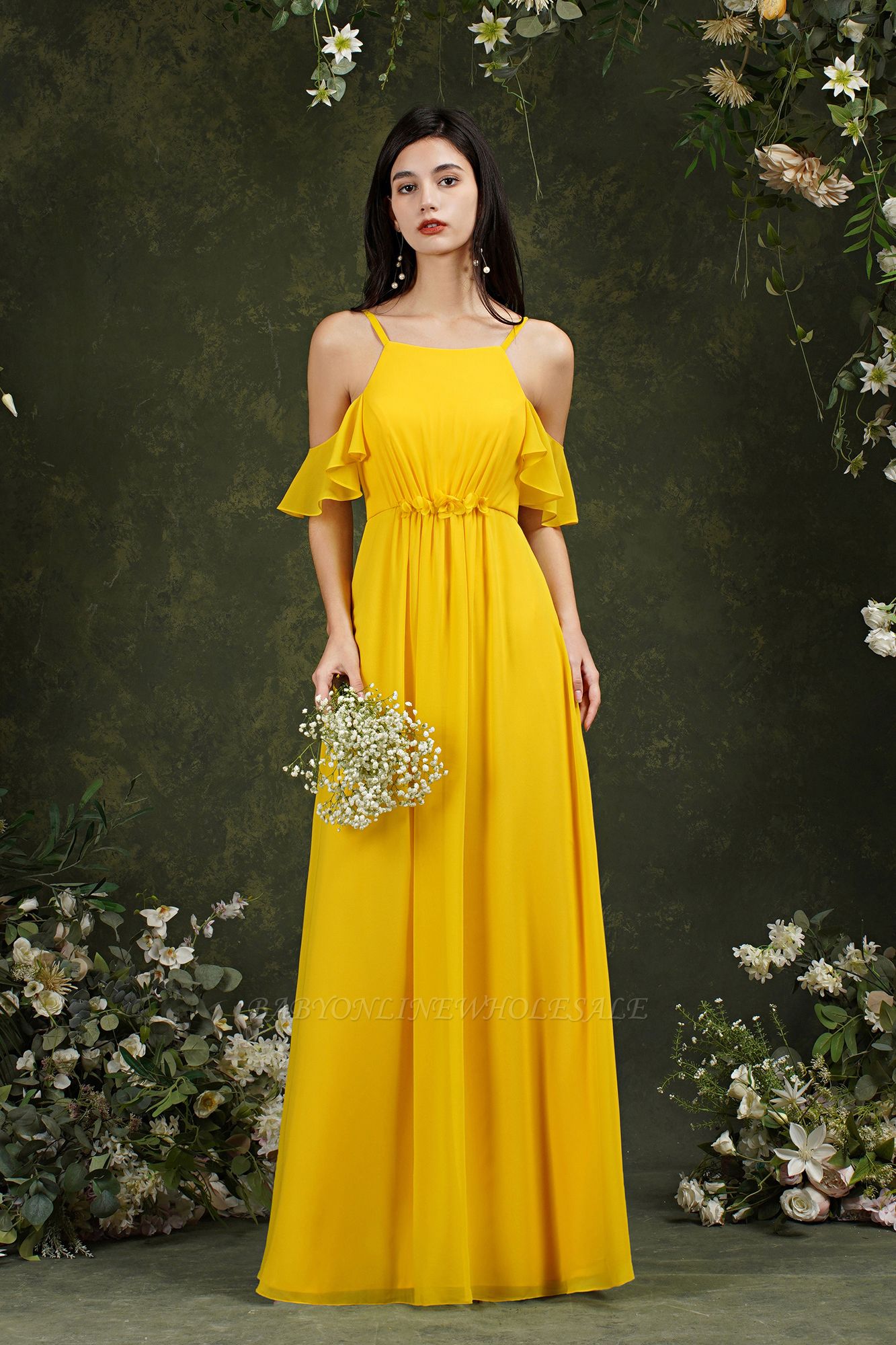 Wunderschönes, gelbes, schulterfreies Brautjungfernkleid aus Chiffon in A-Linie mit Taschen