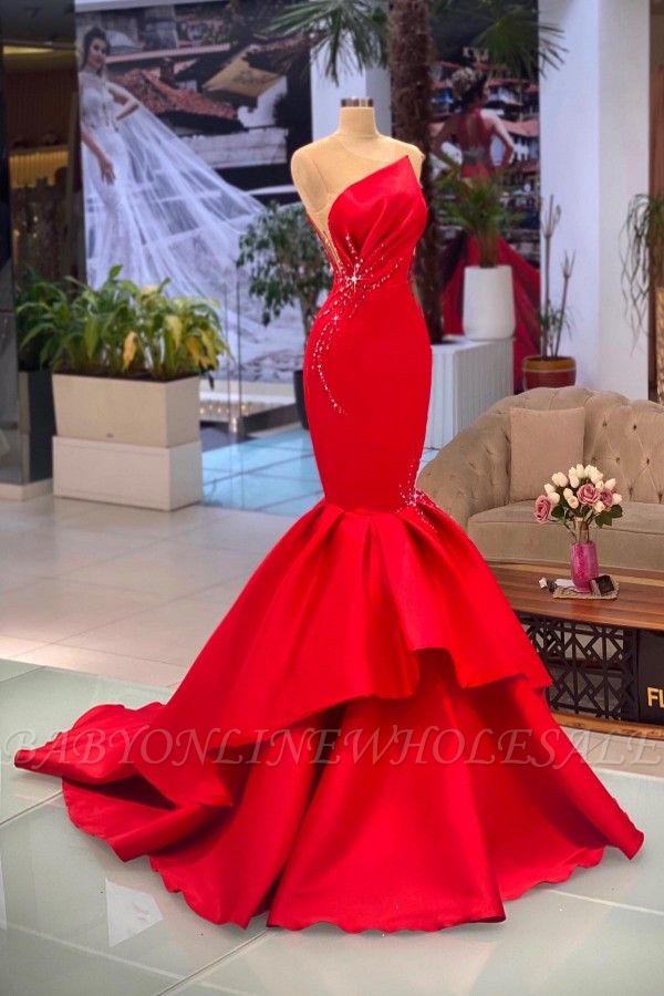 Elegant Red Crew Sleeveless Mermaid Satin Ruffle Prom Dress with Crystal and Sweep Train