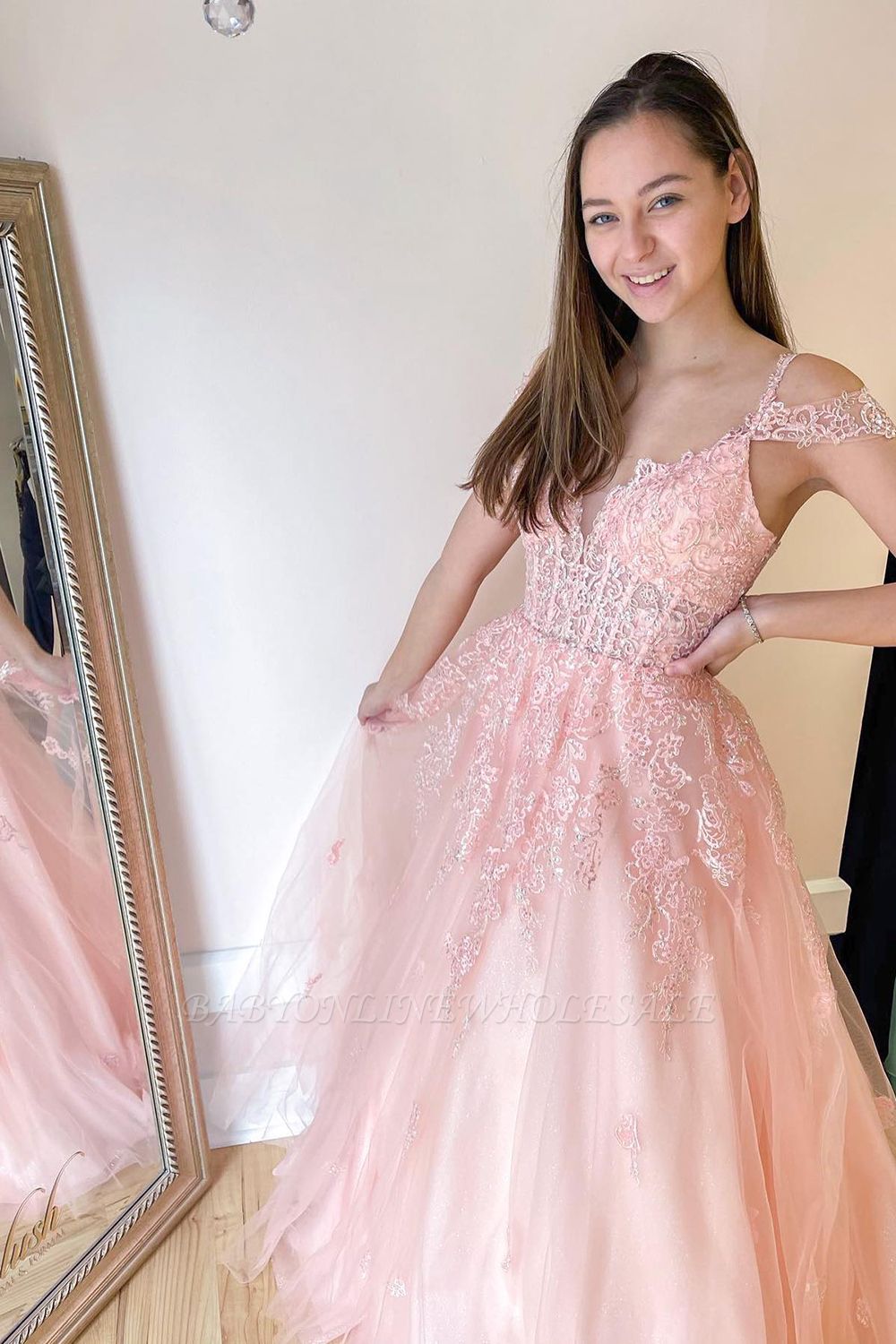 A-line Off-the-shoulder Sweetheart Spaghetti Straps Tulle Prom Dress With Floral Lace