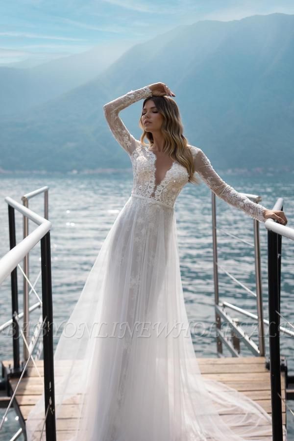 Элегантные аппликации Кружева V-образным вырезом с длинным рукавом Часовня A-Line Свадебные платья