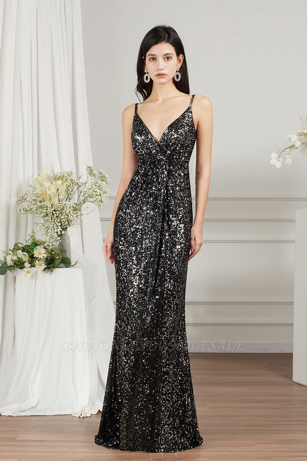 Black Sparkly Späghetti Strap Sleeveless Long Meramid Sequins Prom Dress