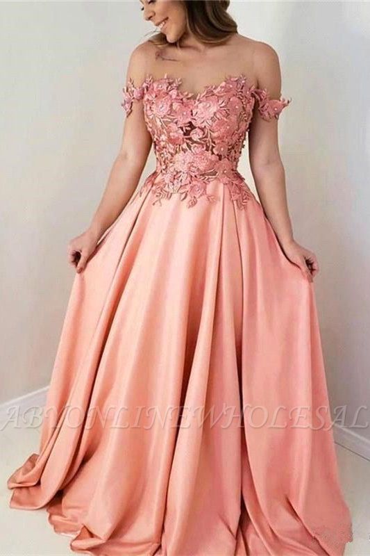 Nectarean Pink Flowers Sweetheart Off-the-shoulder Floor-length A-Line Prom Dresses