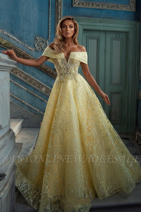 Off-the-Shoulder Aline Evening Maxi Dress daffodils Floor-Length Party Gown
