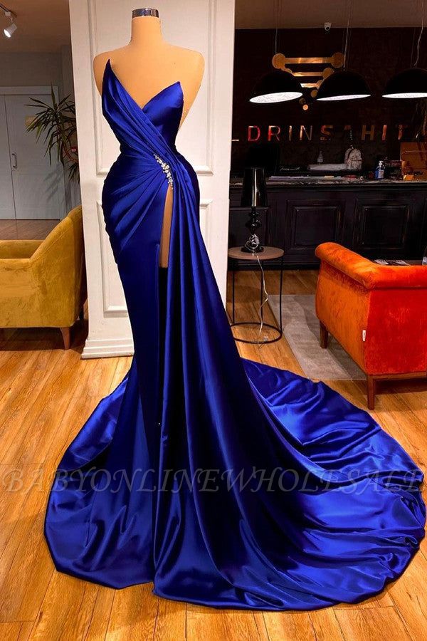 Bleu royal col en V Satin plis haut côté fendu robe de bal sans manches longue robe de soirée avec train