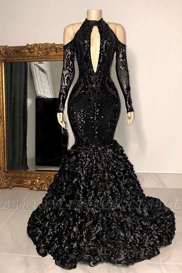 Atemberaubendes schwarzes Meerjungfrauen-Abschlussballkleid Neckholder mit langen Ärmeln, Glitzer-Pailletten-Partykleid