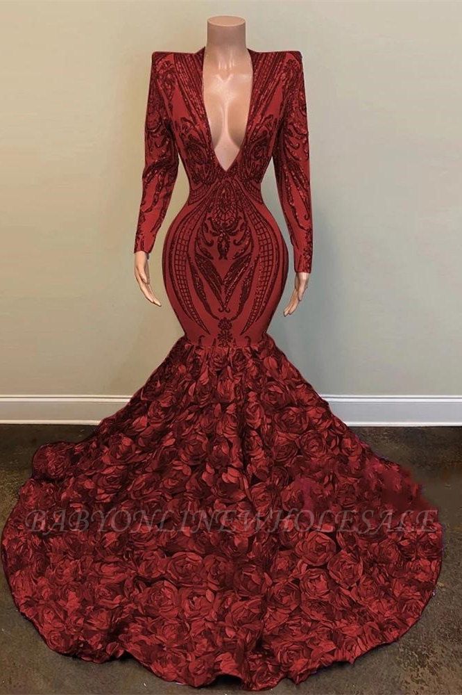 Burgundy long sleeves deep v-neck sequin prom dress