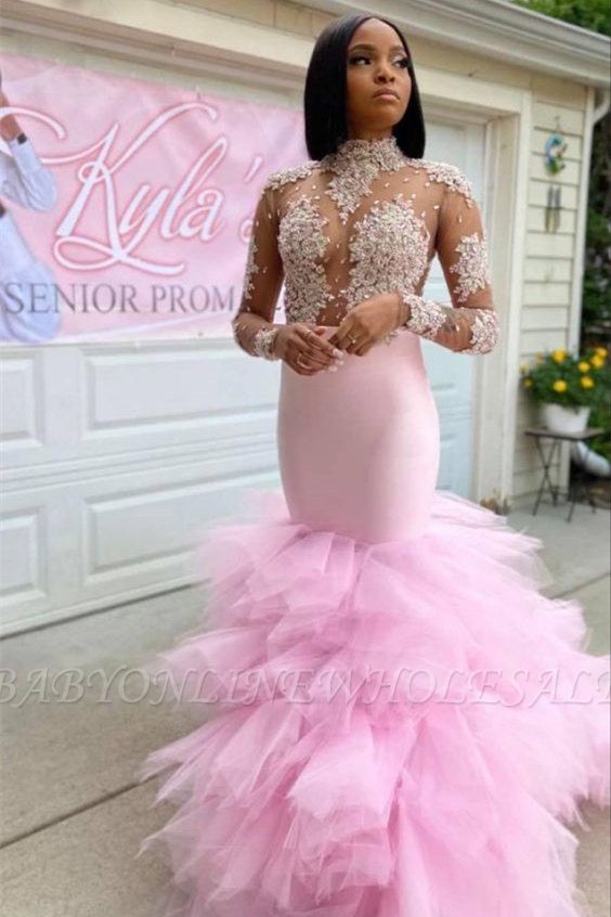 Nectarean Pink Transparent Lace High Neck Long Sleeve  Floor-length Mermaid Prom Dresses