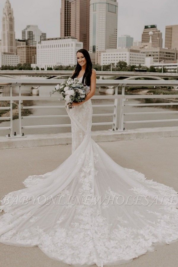 V-Neck Backless Mermaid Wedding Dress Tulle Lace Appliques Long Bridal Dress