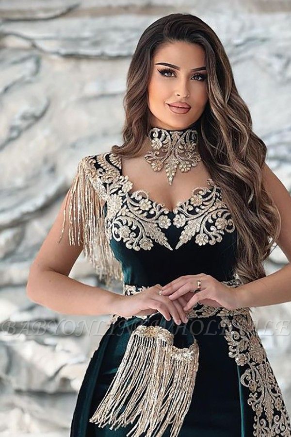 Dark green velvet sleeveless long prom dress with gold lace appliques ...
