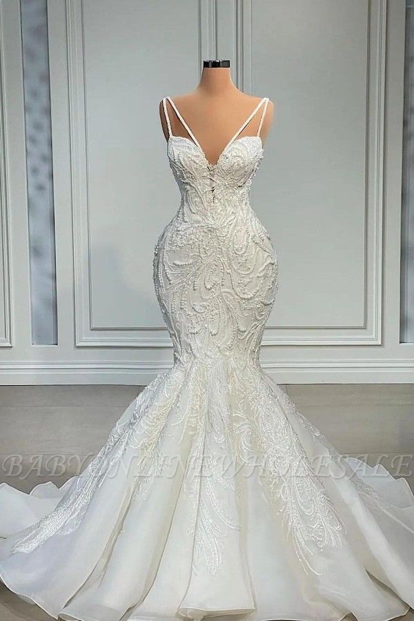 Mermaid sweetheart white wedding dress with court train