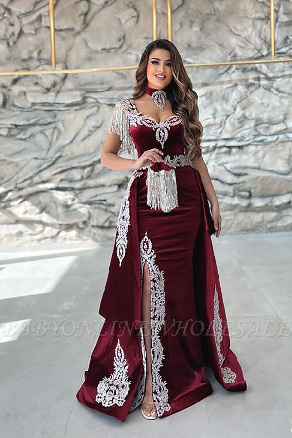 Burgundy cap sleeves a-line velet prom dress with gold appliques