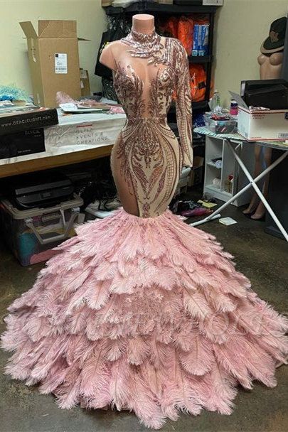 Pink one shoulder mermaid prom dresses with feathers