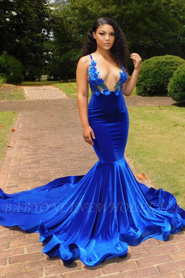 Очаровательные синие платья выпускного вечера русалки с V-образным вырезом на тонких бретелях и цветами длиной до пола
