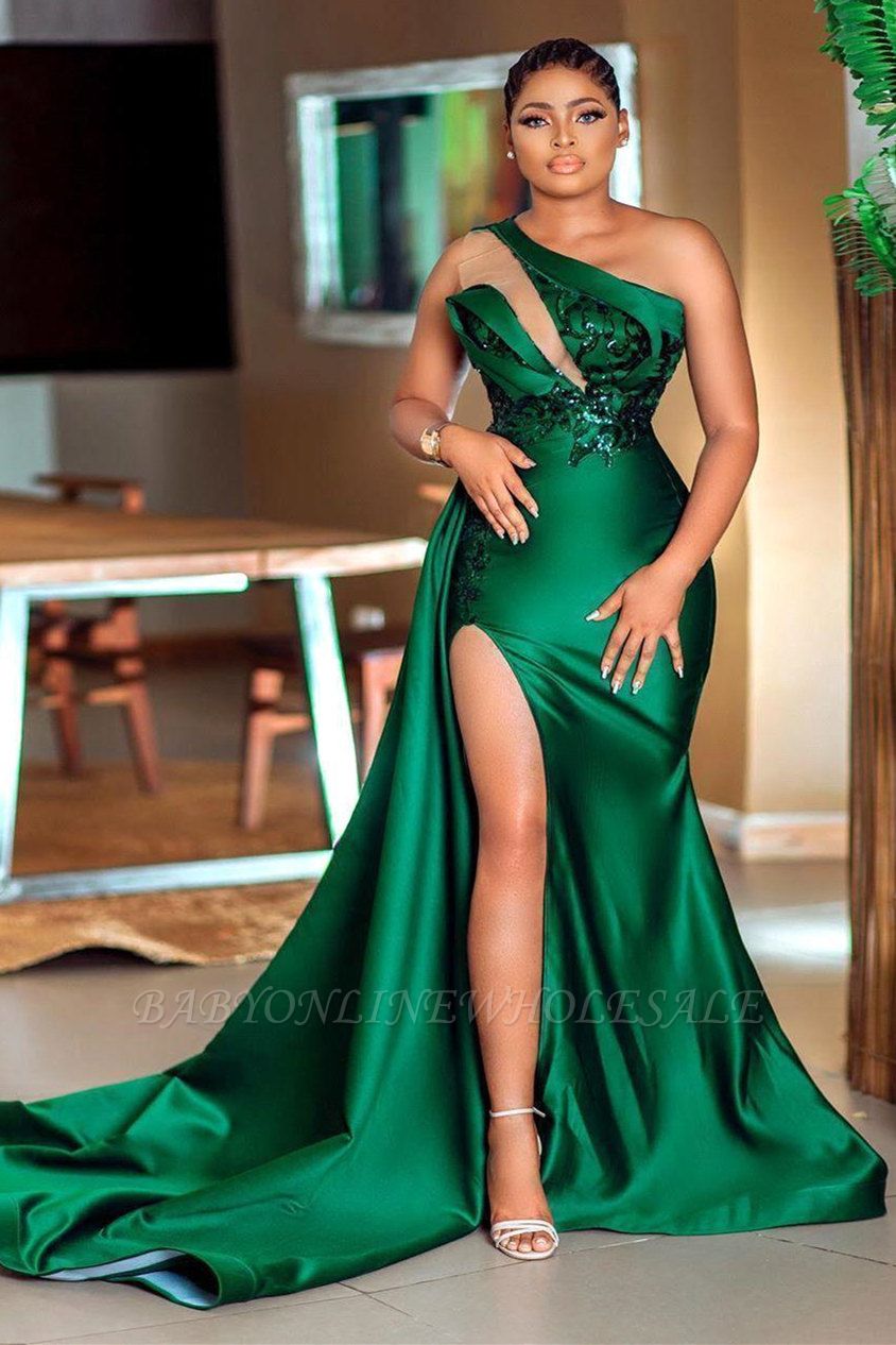 Exquisite Green Sequins One Shoulder Transparent Lace Sleeveless Floor-length Prom Dresses with Slit