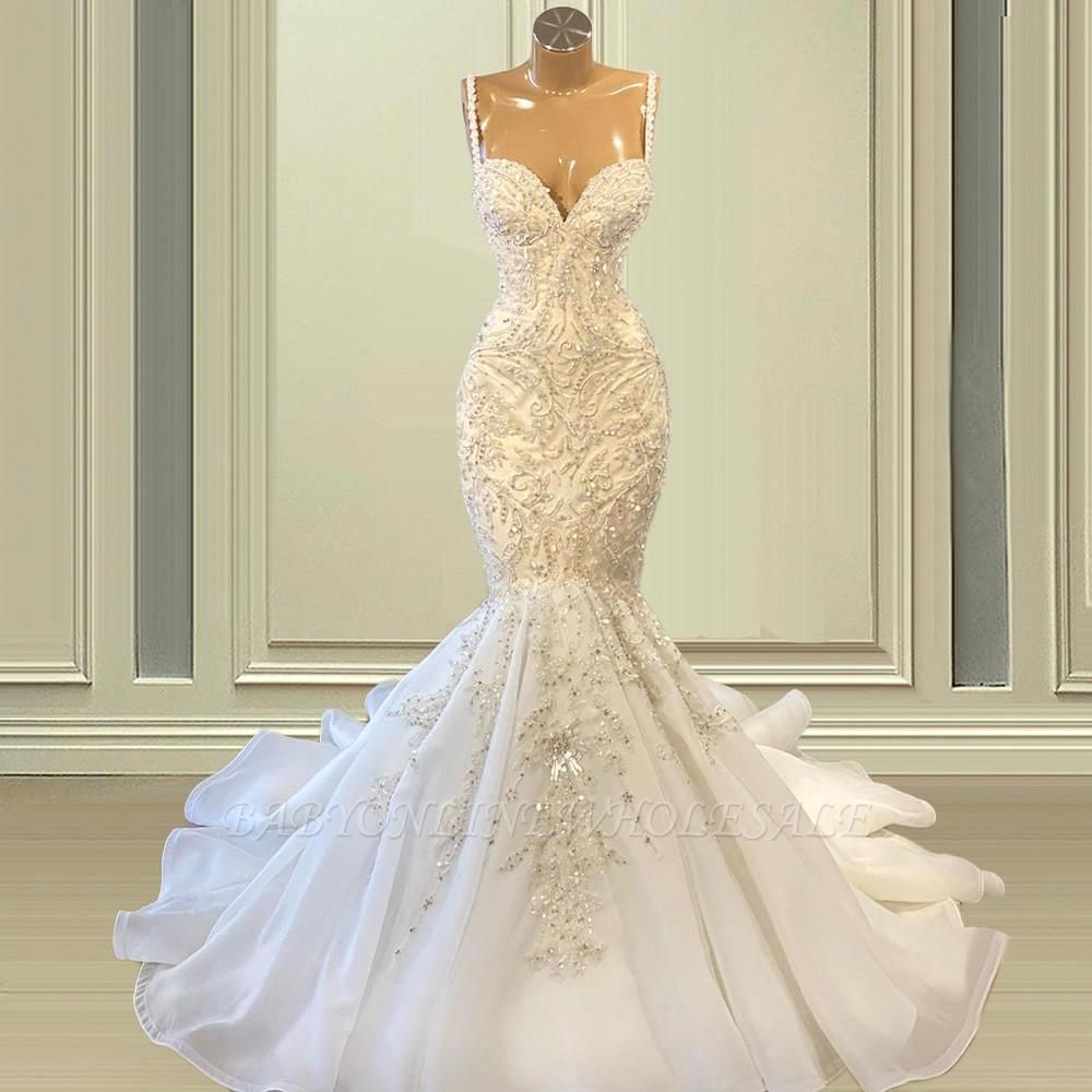 Exquisite Sequins Beading Sweetheart Spaghetti Straps Floor-length Mermaid Wedding Dresses